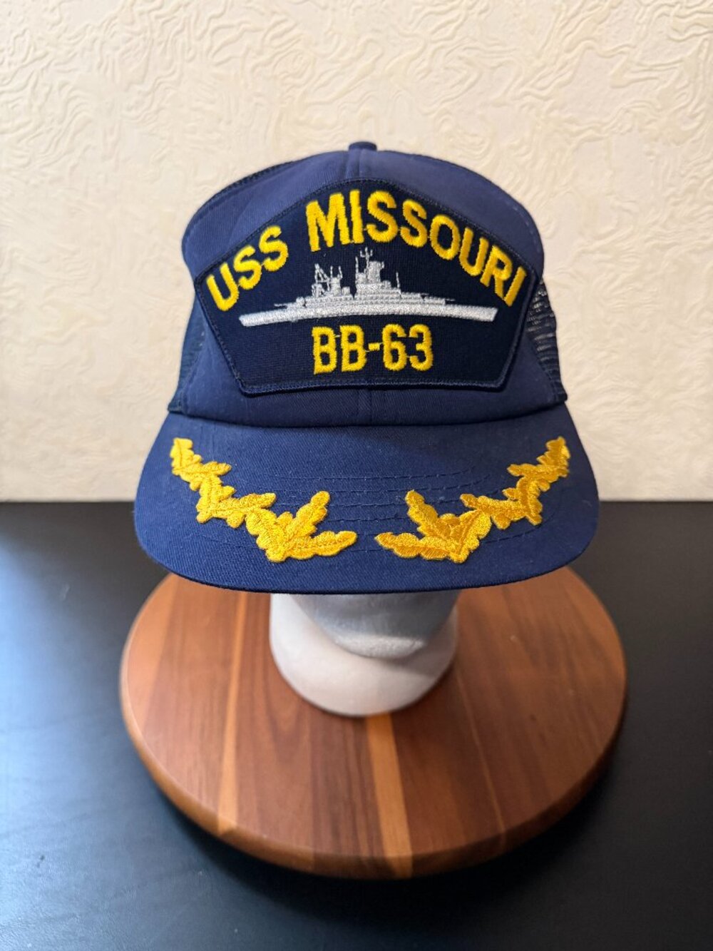 VINTAGE USS MISSOURI BB 63 Ship TRUCKER HAT Snap Back/Embroidered Navy Blue NOS